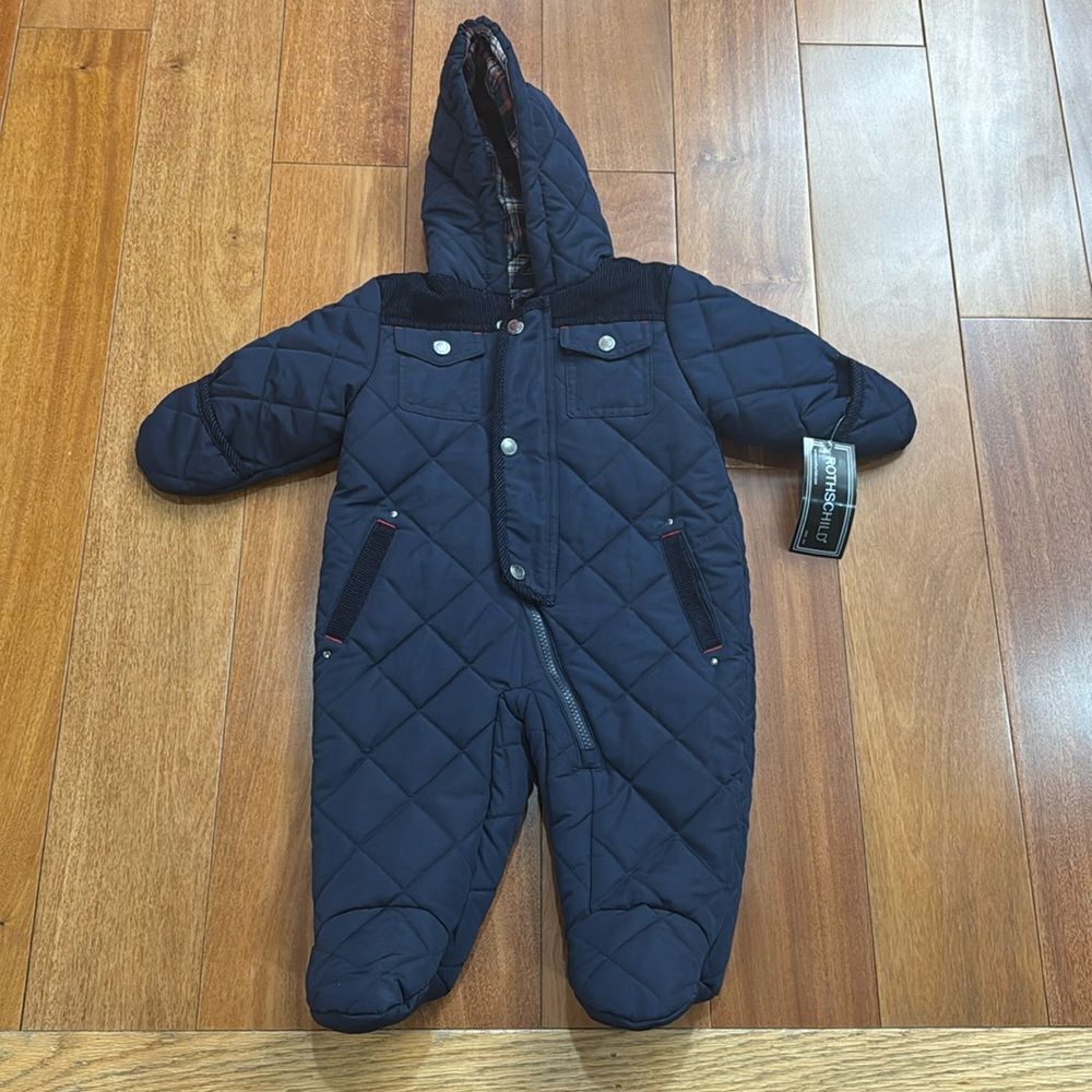 NWT Rothschild snow Suit‎ Quilted Navy Plaid Lined Corduroy Trim 6-9 months